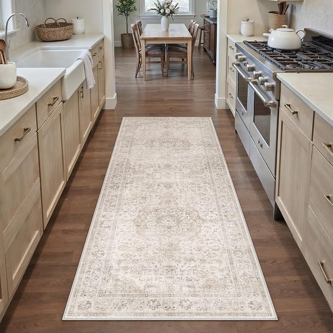 HUGEAR 2x6 Runner Rug Hallway Vintage Beige Machine Washable Neutral Floral Low - Image 3