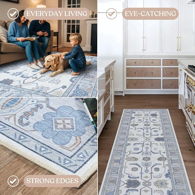 Fame Living Cream Blue Oushak Rug, Large Area Rugs - Image 4