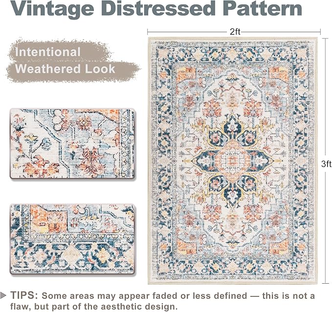 XWZO Entryway Area Rug 2x3ft — Soft Vintage Low Pile Non-Slip Door Floor Mat - Image 2