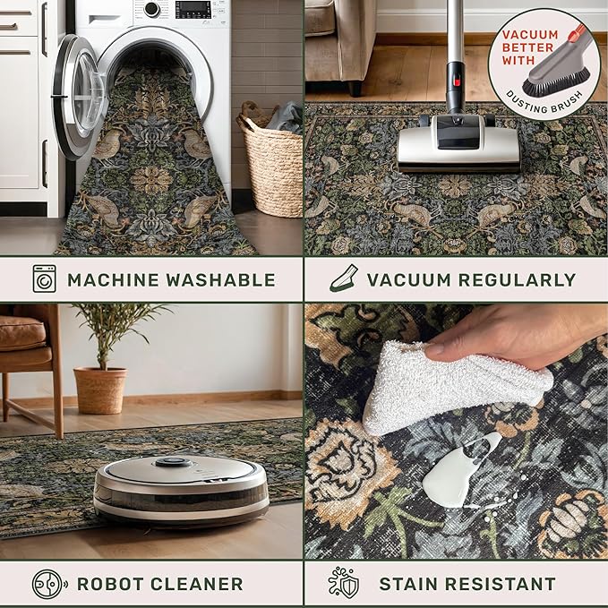 Washable Dark Vintage Floral Rugs - Image 5