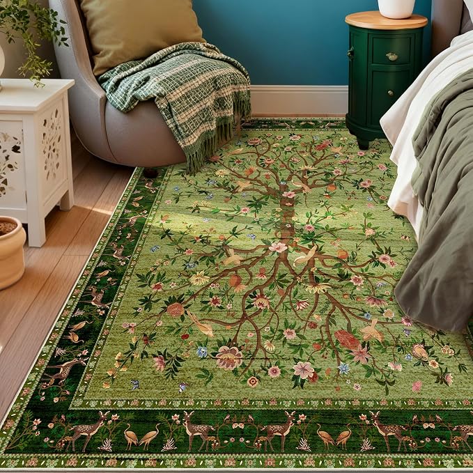 Green Area Rug 3x5 Washable, Non-Slip Small Rug Carpet, Floral Boho Low Pile - Image 3