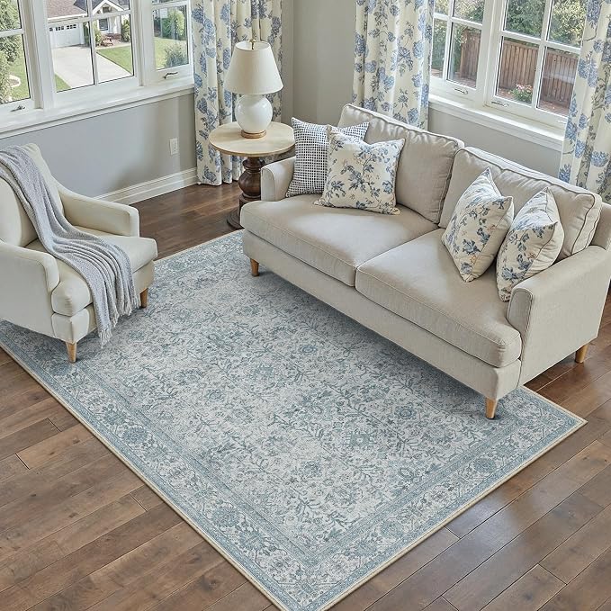 Area Rug 5x7 Blue Washable Living Room Carpet Soft Non Slip Vintage Bedroom - Image 6