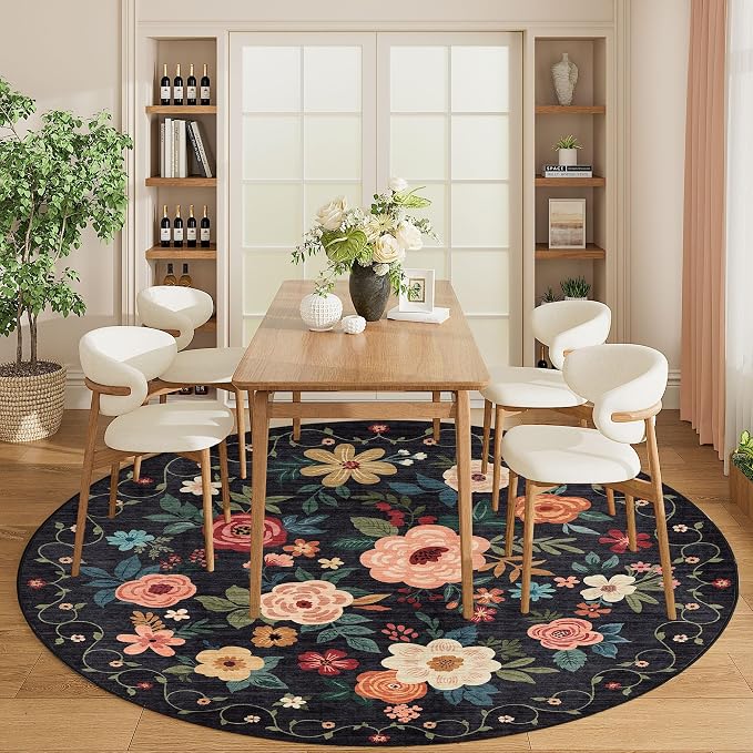 DUKINO Floral Round Rug, 6ft Washable Circle Rug, Non Slip Indoor Low Pile - Image 3
