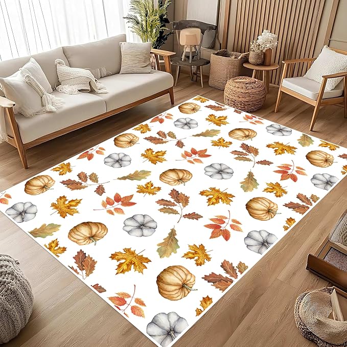 Pumpkin Area Rug, Fun Vibrant Autumn Harvest Fallen Leaves Pumpkin Plant White - Image 3