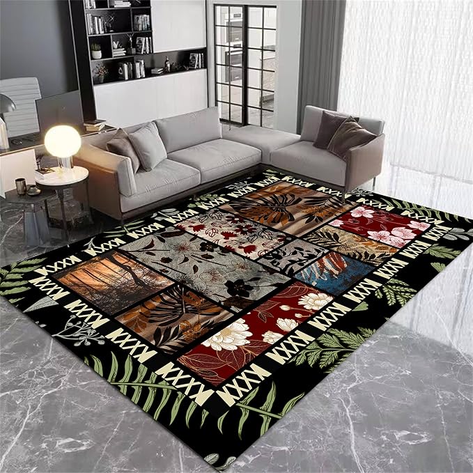 Vintage Jungle Floral Area Rug 7x10ft, Tropical Leaf Print Low Pile Carpet - Image 3