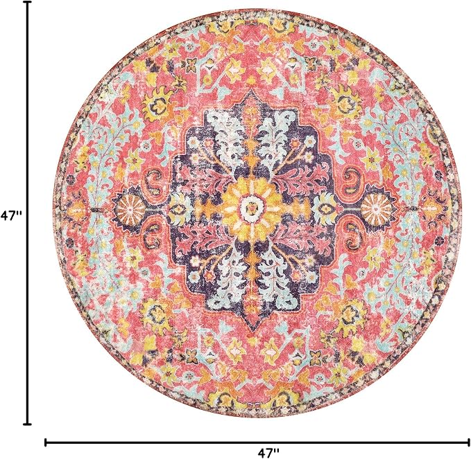Lahome Bohemian Floral Medallion Round Rug - 4Ft Hot Pink Soft Round Area Rug - Image 2