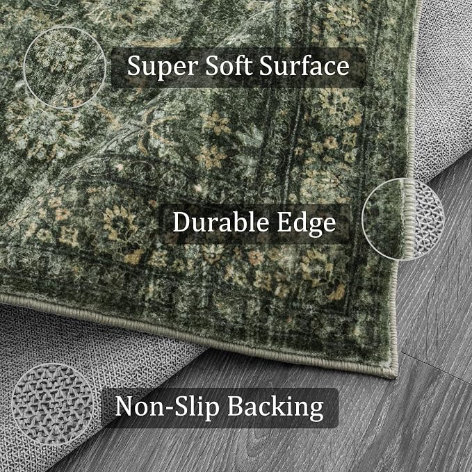 Morebes Washable Green 5x7 Area Rugs, Vintage Soft Bedroom Rug Non Slip - Image 3