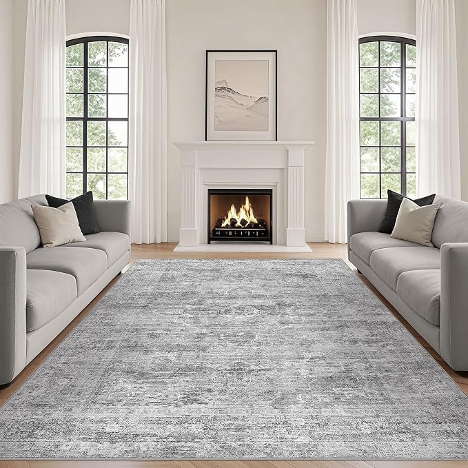 Grey Rug 8x10 Area Rugs: Washable Boho Large Vintage Neutral Soft Rug Stain by LOONGRUG