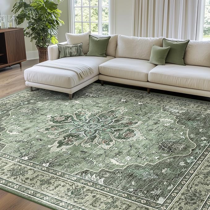 Area Rugs 7'x9' Washable Non-Slip, Floral Vintage Distress Print Pattern by RELEANY