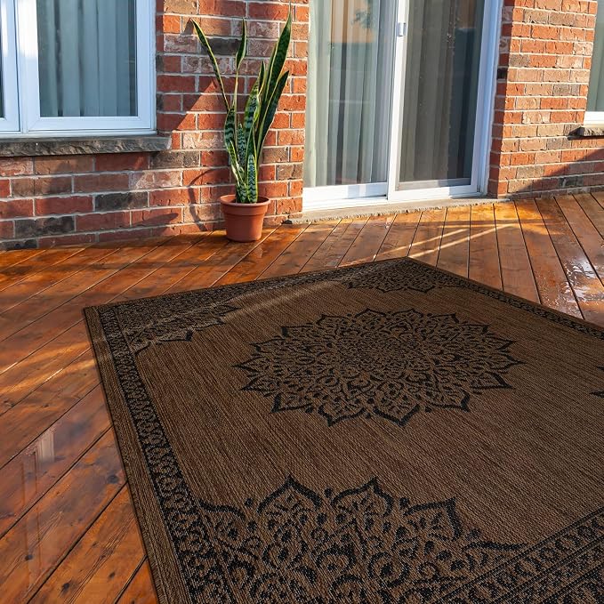 CAMILSON Outdoor Rug 8x10 Medallion Nut Brown Black Modern Area Rugs - Image 7