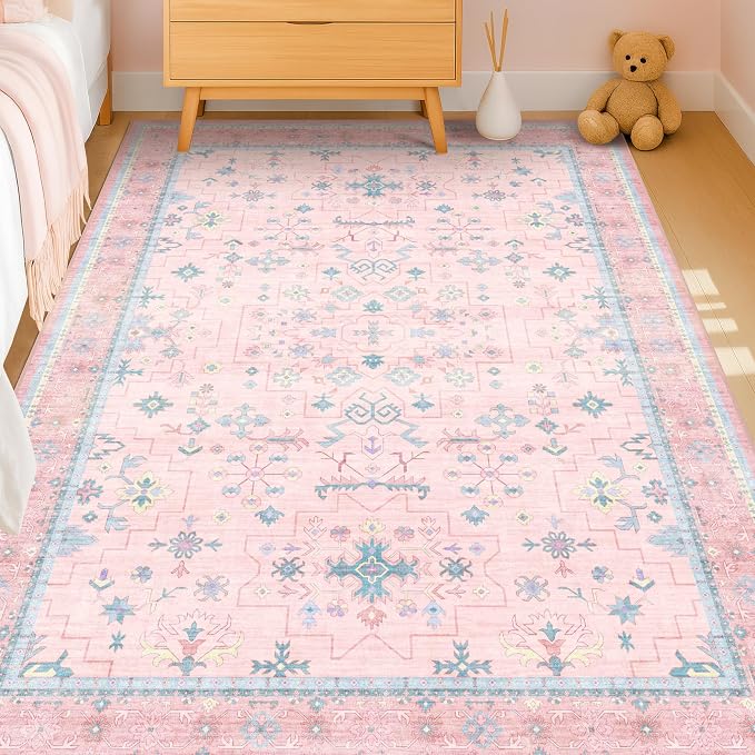 Pink Rugs for Bedroom Girls, 5x7 Washable Area Rug for Living Room Nursery Kids by HazoHaus