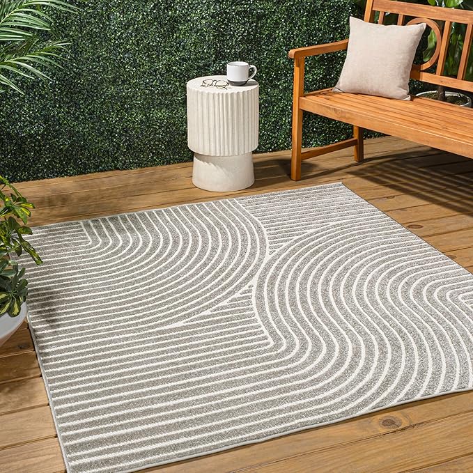 JONATHAN Y Hallie High-Low Curve Gray/Ivory 7x7 Square Indoor/Outdoor Area Rug by JONATHANY