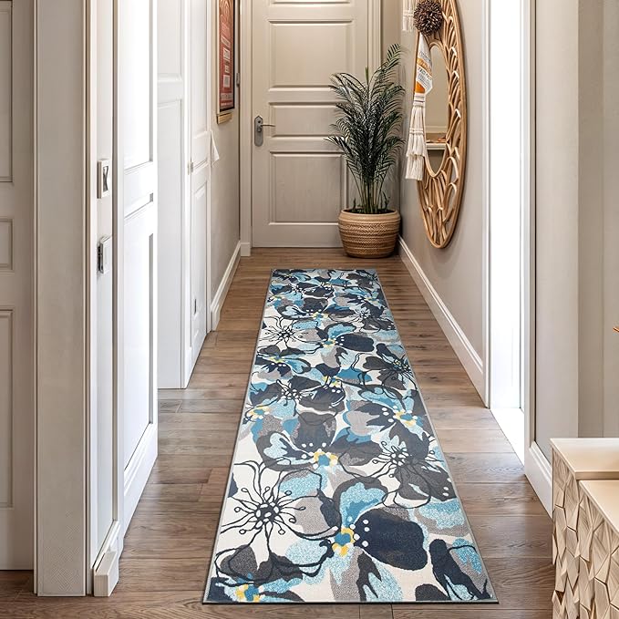 Rugshop Modern Large Floral Non-Slip Area Rug Runner 2' X 7' Gray-Blue - Image 9