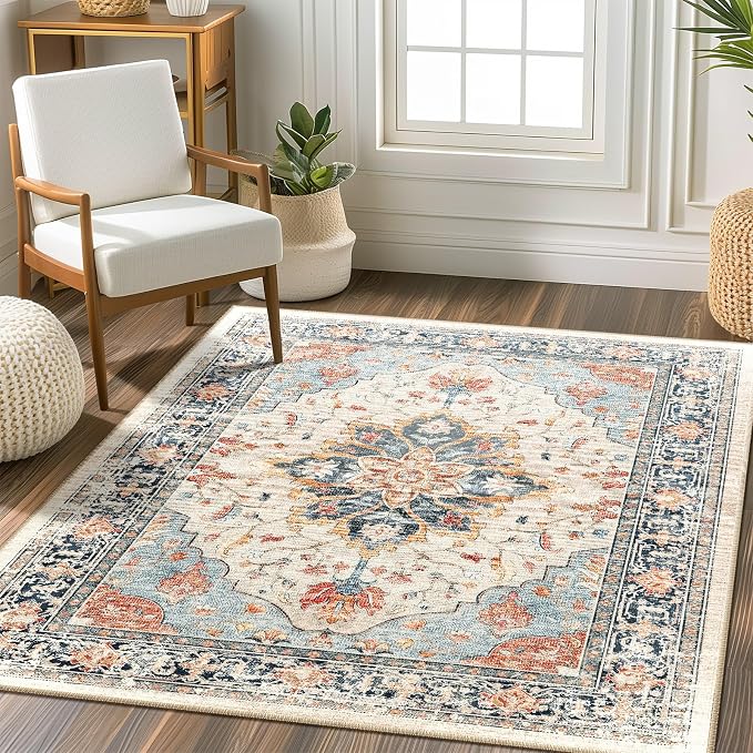 Area Rugs Square 4ft Washable Non-Slip, Floral Vintage Distress Print Pattern by RELEANY