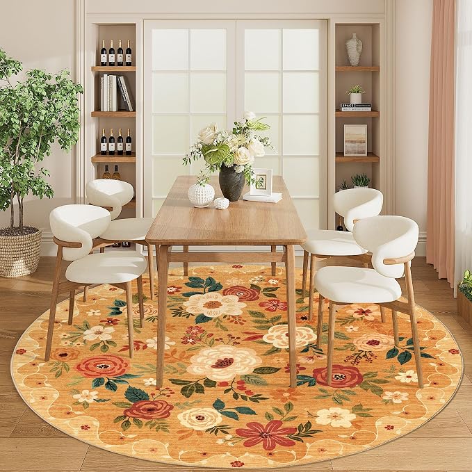 DUKINO Floral Round Rug, 6ft Washable Circle Rug, Non Slip Indoor Low Pile - Image 3