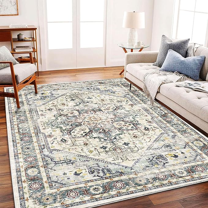 Washable Area Rug 10'x14' Cyan Khaki Retro Flowers Boho Design Non-Shedding - Image 3