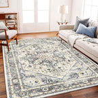 Washable Area Rug 10'x14' Cyan Khaki Retro Flowers Boho Design Non-Shedding - Image 3