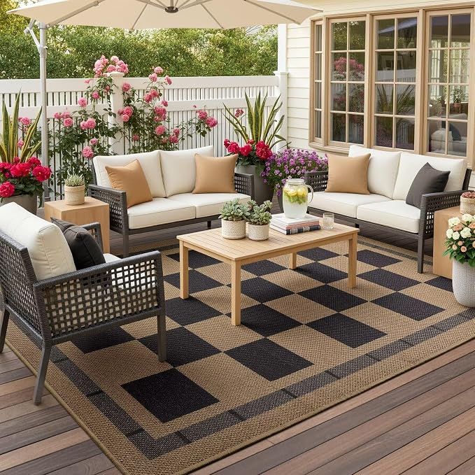 Checkered Jute 5x7 Area Rugs, Washable Outdoor Patio Rug Living Room Bedroom - Image 2