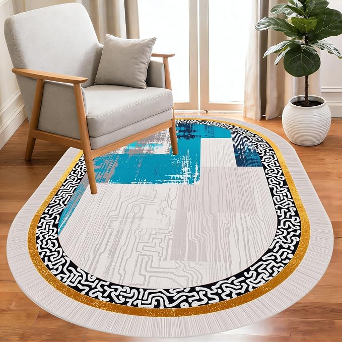 Vintage Luxury Grey Blue Gold Abstract Geometric Texture Oval Area Rug 9x12 - Image 2