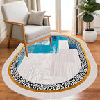 Vintage Luxury Grey Blue Gold Abstract Geometric Texture Oval Area Rug 10x12 - Image 2
