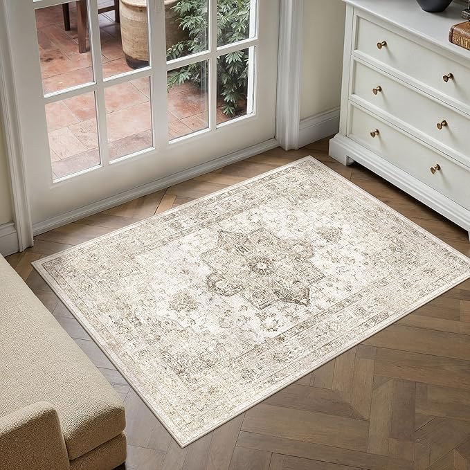 Taupe Area Rug 2x3 Washable Vintage Entryway Carpet Non Slip Retro Distressed - Image 3