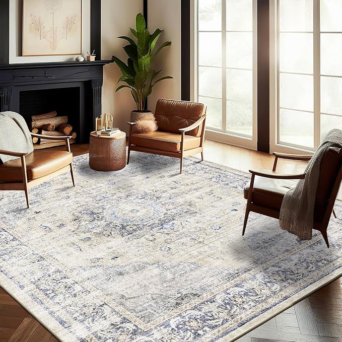 Washable Area Rug 10'x14' Floral Blue Boho Design Non-Shedding Easy Care Ideal by CHAMPLANT