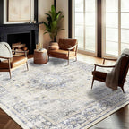 Washable Area Rug 10'x14' Floral Blue Boho Design Non-Shedding Easy Care Ideal by CHAMPLANT
