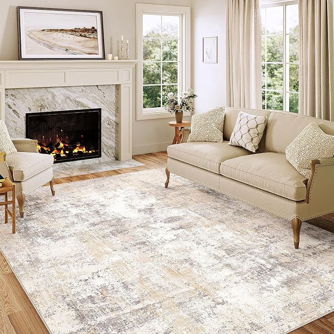 5x7 Washable Area Rug Beige Grey Abstract Living Room Bedroom Throw Rug Neutral - Image 4