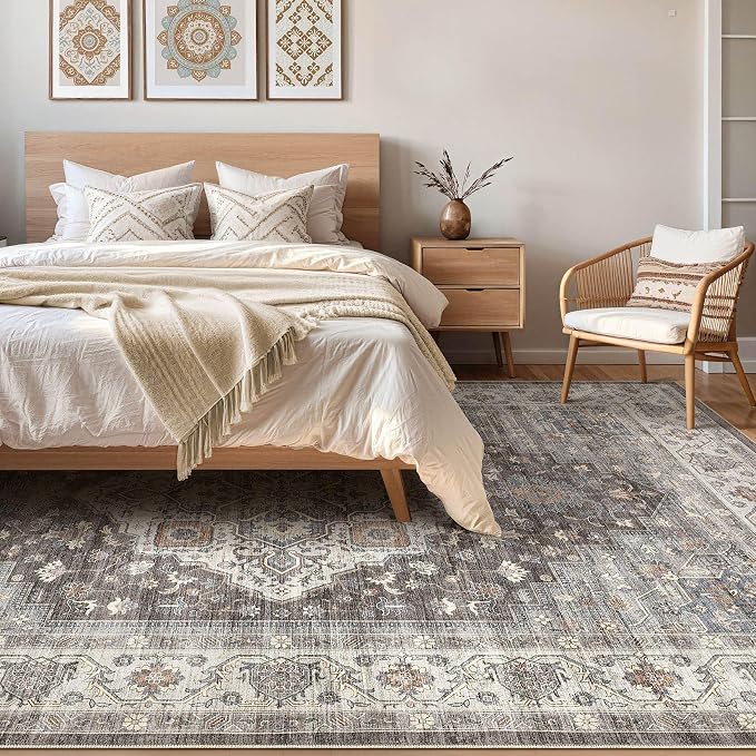 8x10 Area Rugs Living Room: Washable Boho Large Neutral Vintage Soft Rug Stain - Image 4