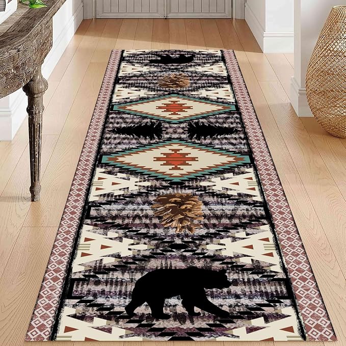 Wild Animal Runner, Bohemian Southwestern Country Hallway Rug, Bear Pine Cone by Unknown