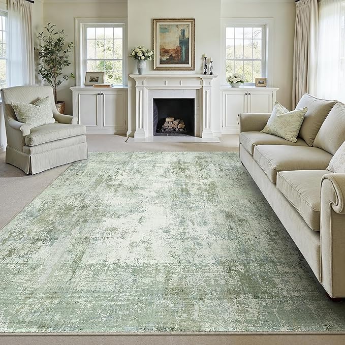 10x12 Washable Area Rug Sage Green Abstract Living Room Bedroom Carpet Neutral by WondRg