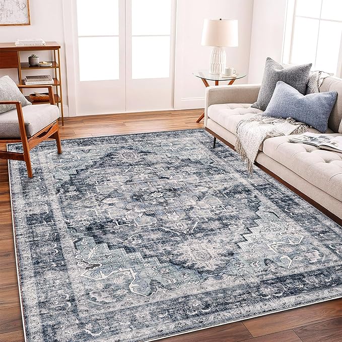 Area Rug 5'x7' Dark Blue Washable Vintage Traditional Floor Cover Thin Retro - Image 2