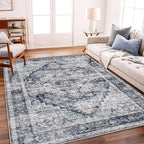 Area Rug 5'x7' Dark Blue Washable Vintage Traditional Floor Cover Thin Retro - Image 2