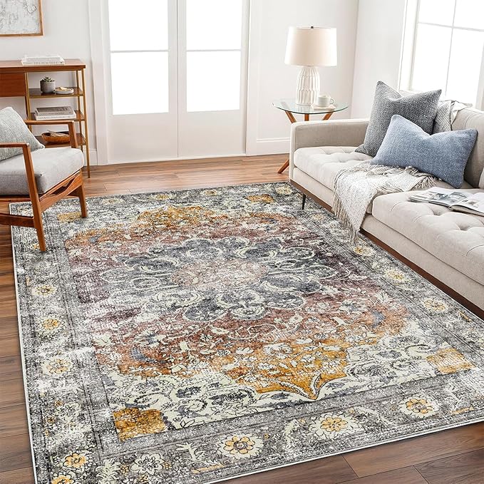 Area Rug 4x6 Washable Rug Taupe Vintage Traditional Floor Cover Foldable Thin by CHAMPLANT