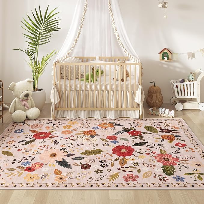 5x7 Washable Rug for Living Room, Non Slip Low Pile Soft Flower Carpet - Image 5