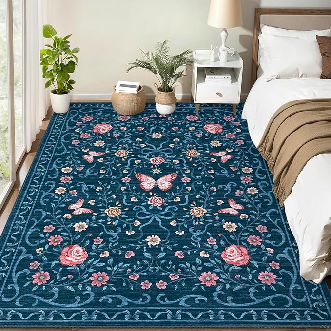 GarveeHome Floral Area Rug 4x6 Entryway Rug Low Pile Bedroom Blue Bow Rugs Non - Image 8