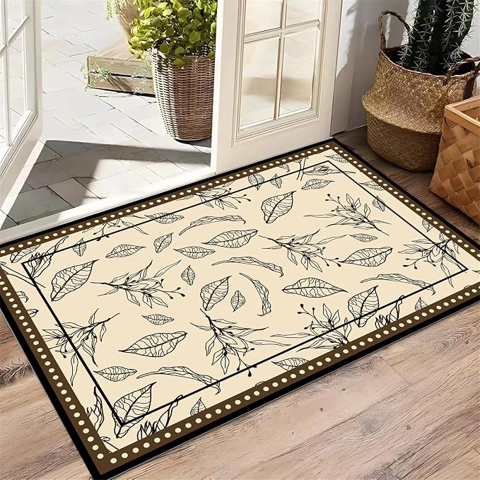 Medieval French Style Area Rugs 4x5ft, Off-White Botanical Leaf Pattern Rug - Image 4
