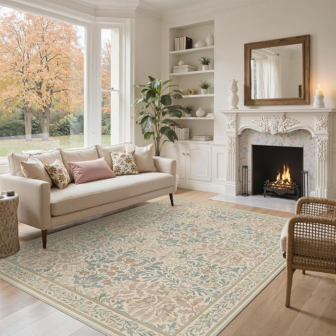 Bavni Floral Beige Pink Area Rugs 6x9, Vintage Boho Carpet Machine Washable by BAVNI