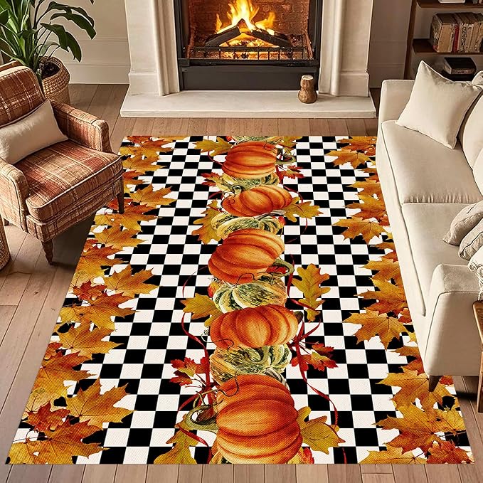Pumpkin Area Rugs, Fallen Leaves Autumn Harvest Pumpkins Black and White by LHOMKCV