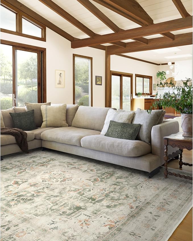 RUGGABLE Washable Vintage Area Rug – Sarrah Sage 9x12, Stain-Resistant by RUGGABLE