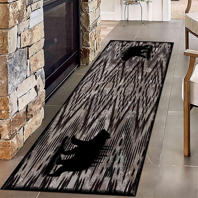 Rustic Cabin Runner Rug, Vintage Lodge Wood Grain Wild Animal Black Bear Print - Image 2