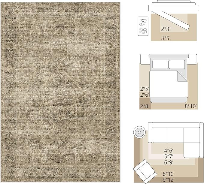 FMFUNCTEX 4x6 Washable Area Rug Neutral Vintage Brown Distressed Non Slip Low - Image 2