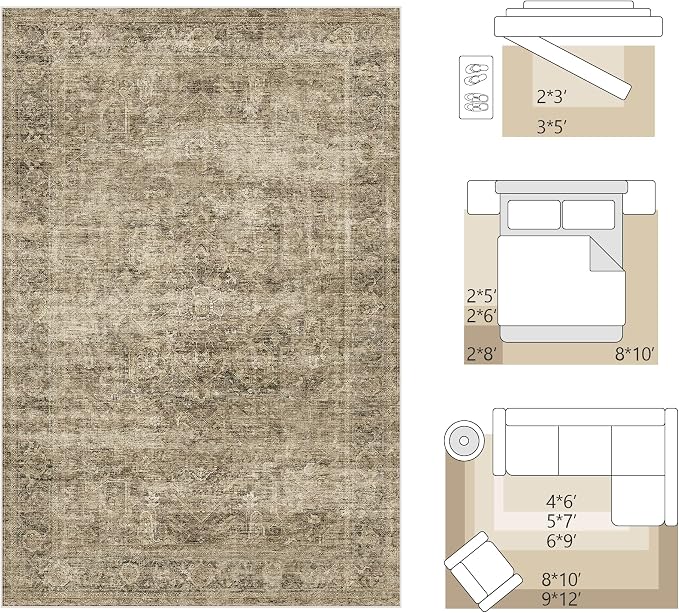 FMFUNCTEX 3x5 Washable Area Rug Brown Vintage Neutral Distressed Non Slip Low - Image 2