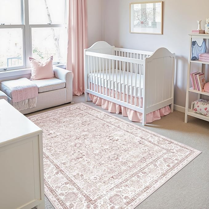 Light Pink 4x6 Rugs for Bedroom Nursery Rug Vintage Aesthetic Cute Boho Floral by Deerly