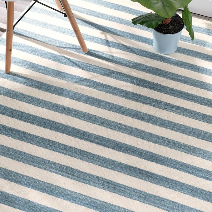 Home Conservatory Ladder Stripe Blue/Ivory Handwoven Wool 5 X 8 Feet - Image 4
