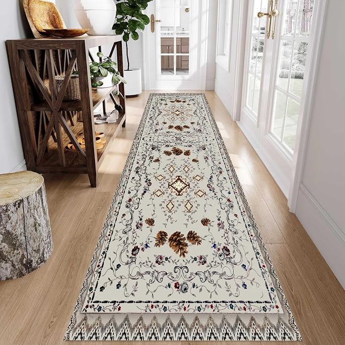 Floral Runner Rug, Bohemian Vintage Distressed Floral Pineal Rug - Image 3