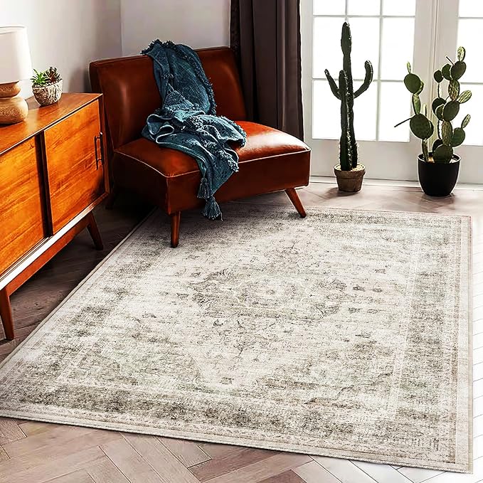 Area Rug 5'x7' Washable Rug Floral Khaki Traditional Floor Cover Thin Retro - Image 2
