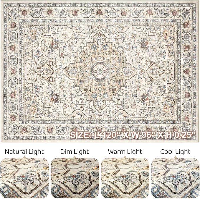 8x10 Area Rugs Living Room: Washable Boho Large Neutral Vintage Soft Rug Stain - Image 9