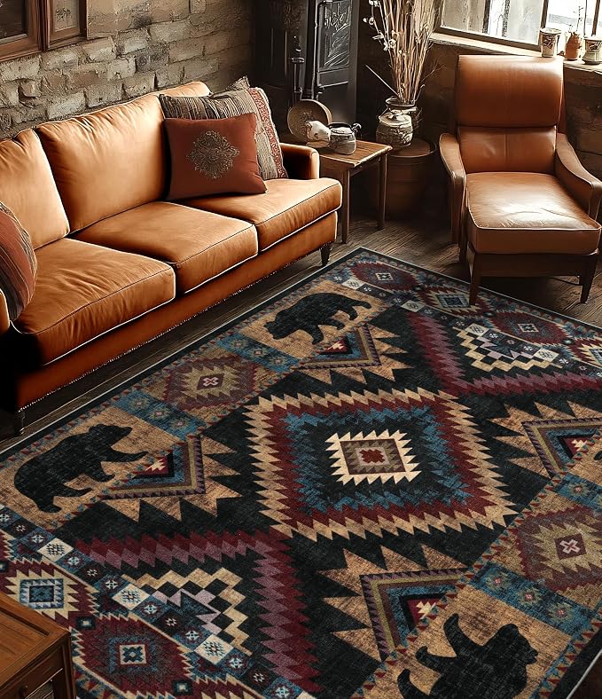 YIHOUSE Rustic Cabin Area Rug for Living Room 8x10, Machine Washable Lodge Bear by YIHOUSE