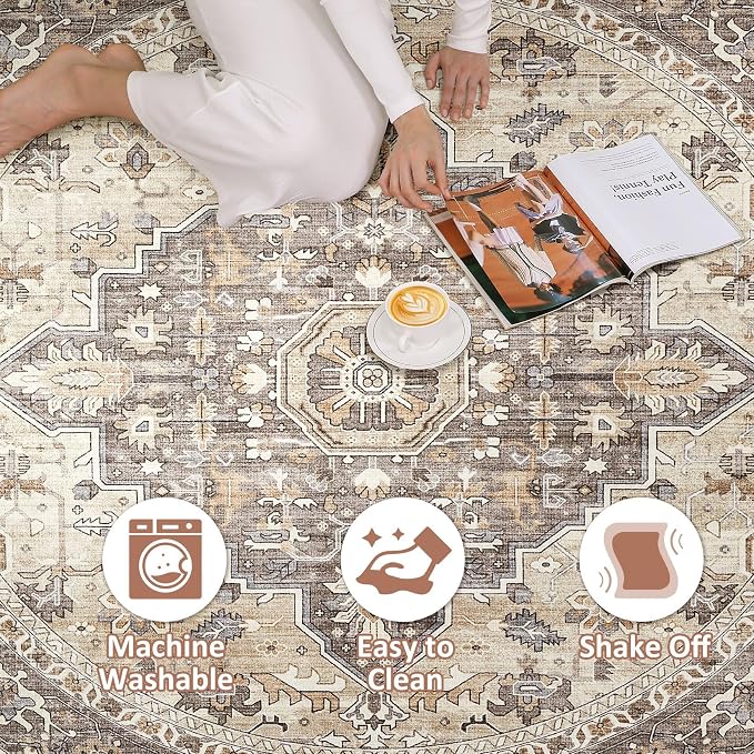 Round Rug Living Room Rugs: 4x4 Washable Boho Neutral Circle Soft Non-Slip - Image 2